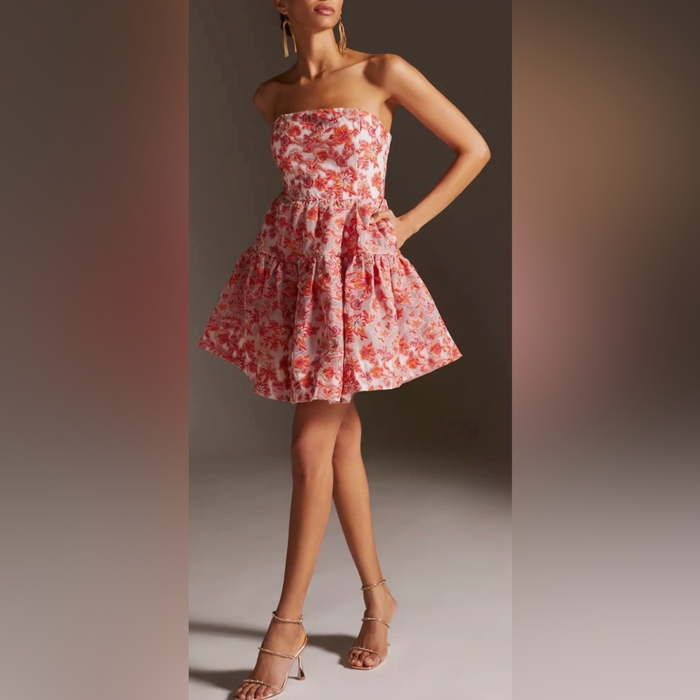 Anthropologie Strapless Mini Dress. Back bow, stretchy back. Orange, pink. L - Picture 5 of 16